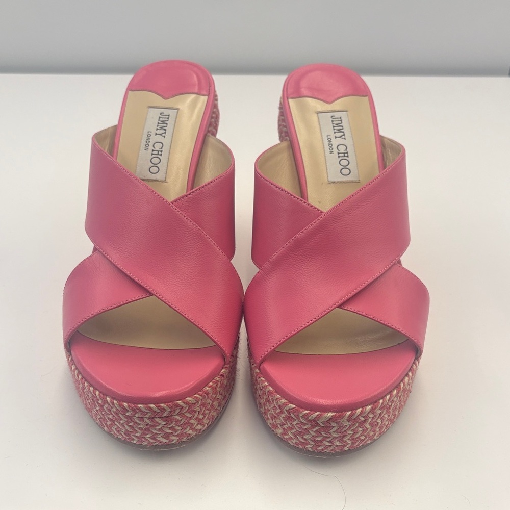 Jimmy Choo Coral Pink Leather Crisscross Platform Mules